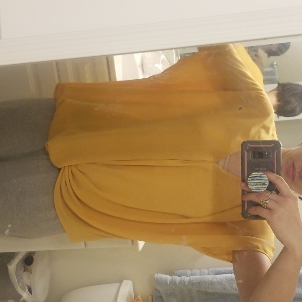twist front, loose yellow blouse
